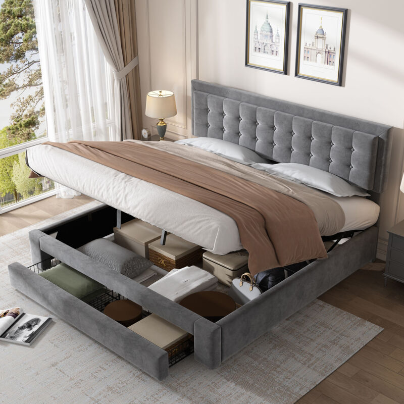 Upholstered Bed,Super King Size Bed, Velvet Fabric, Large Storage Space,With Slats and Headboard,Without Mattress,Grey,180x200cm